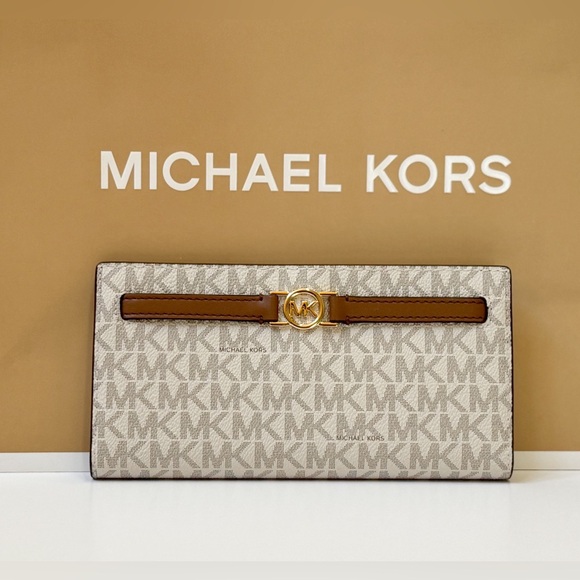 Michael Kors Jet Set Reed Large Bifold Wallet MK Vanilla/Brown - Picture 1 of 11